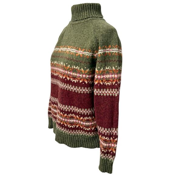 Mountain Lake Fair Isle Turtleneck Sweater PM Green Burgundy Ramie Cotton - Picture 2 of 6